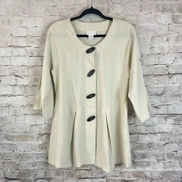 Soft Surroundings S Tan Beige 3/4 Sleeve Button Front Tunic Blouse Rayon Nylon - Picture 1 of 5